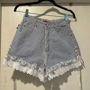 Blue and white stripe shorts with lace trim